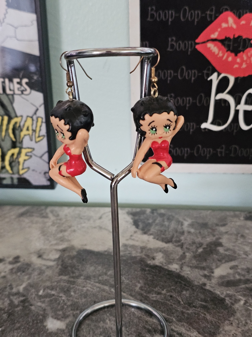 Betty Boop Red Dress Drop Earrings with Black Hair and Green Eyes